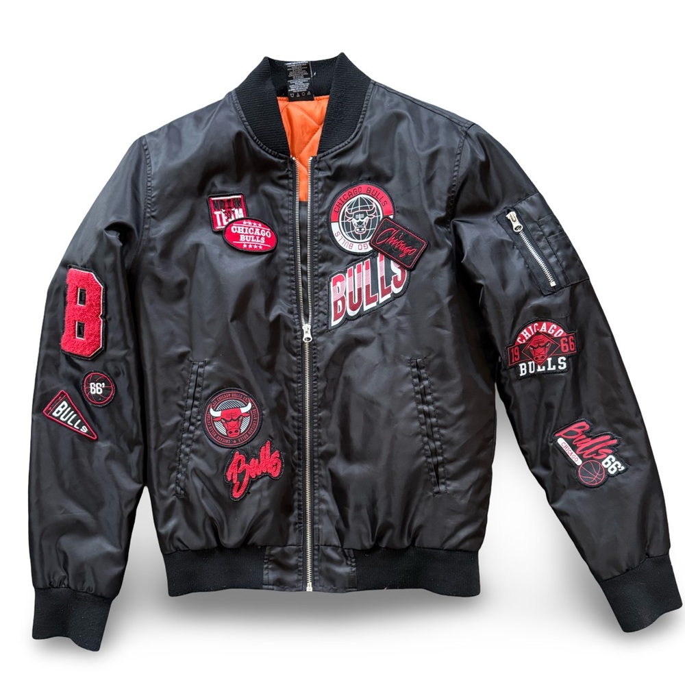 NBA Black Bomber Jacket with Red Chicago Bulls Patches